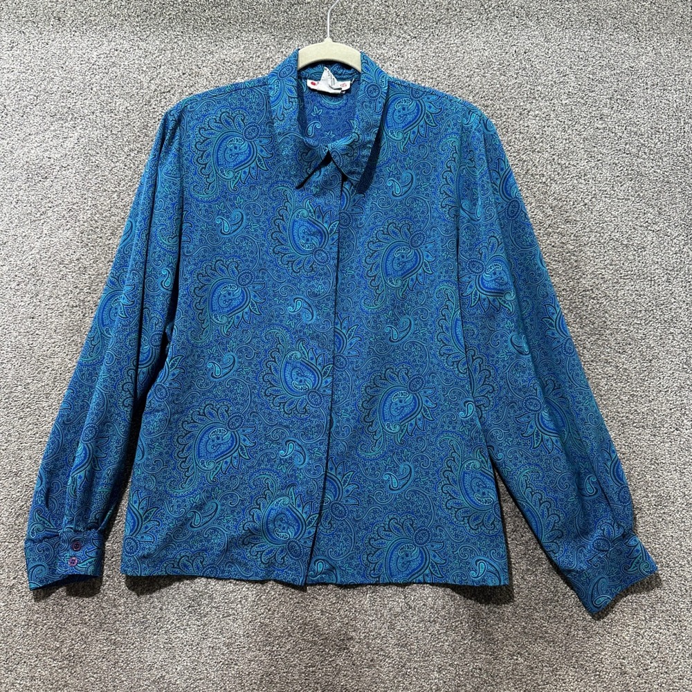 VTG Appleseeds Blouse Top Women 14 Blue Paisley Long Sleeve Button Up Office